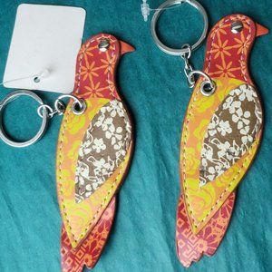 2/10$ Lot of 2 colorful floral bird keychain yellow orange red faux leather